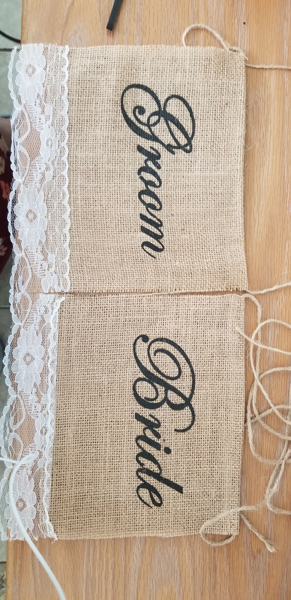 Burlap Bride and Groom chair signs
