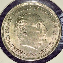 1957 (58) Spain 25 Peseta Low Mintage Uncirculated Coin