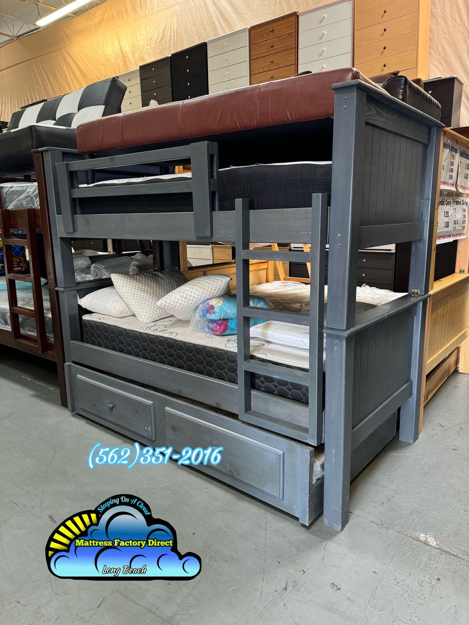 New Twin / Twin / Twin Grey Heavy Duty Wood Litera Bunk Bed Complete With Mattresses Colchones 