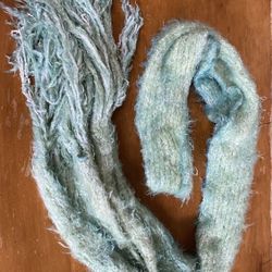 Handmade Blue Sea Green Fringe Long Soft Furry Knit Scarf Wrap Winter Boho