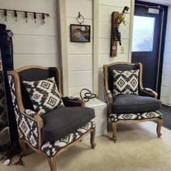 Black & Gray & White Pattern Mango Wood Wing Side Chairs