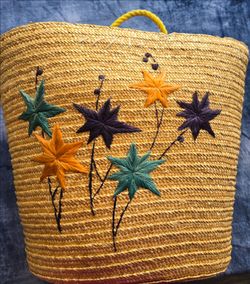 Vintage midcentury modern Woven Straw Tote Bag with Embroidered Flowers