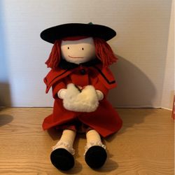 Vintage 1990 Madeline 19" Plush Doll Red Winter White Coat Black Hat Plaid Dress  A20