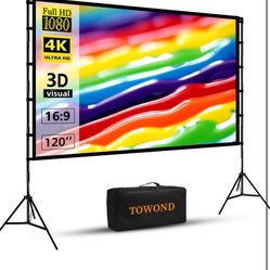 Projector Screen and Stand, Towond 120 inch Portable Projector Screen Indoor Outdoor Movie Screen 16:9 4K HD Wrinkle-Free Lightweight Projection Scree