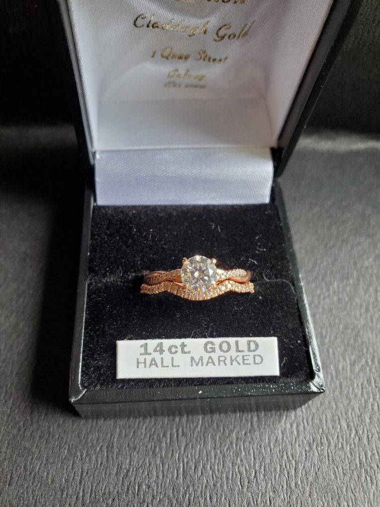 VINTAGE 14K GOLD REAL DIAMOND CUSTOM ENGAGEMENT RING + WEDDING BAND
