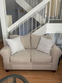 Beige Fabric Loveseat with Accent Pillows 65”