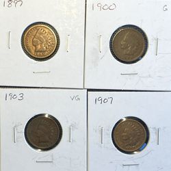 Four Indian Pennies 1897, 1900, 1903, 1907
