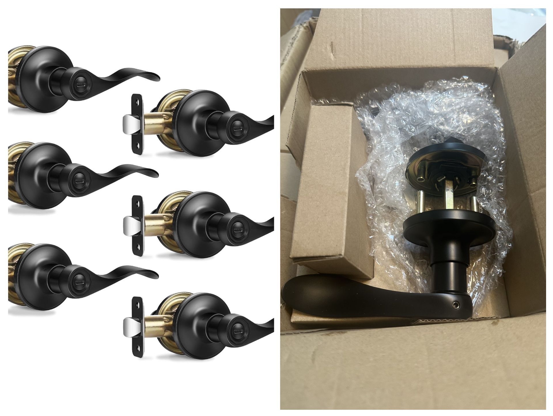 6 Pack Interior Door Knobs Matte Black Privacy Door Handles, Wave Style Reversible Keyless Door Handles,Heavy Duty Door Levers for Bedroom