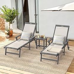 Chaise Lounge Chair Outdoor Set of 2, HDPS and HDPE Wicker Chaise Lounger with 5 Positions, Pool Lounge Chairs with Wheels and Adjustable Backrest for