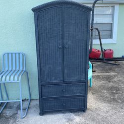 Wicker Armoire With Hanging Rod And Two Drawers
