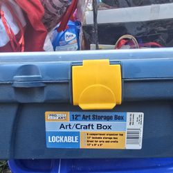 Pro Art 12" x 6" x 5" Blue and Yellow Art Storage Box with an organizer top. 