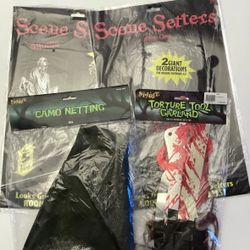Lot of 4 Halloween Decor, Wall Scene Setters, Torture Tool Garland & Camo Netting Great Party Decor, All NEW