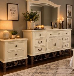 GORGEOUS Vintage Cream Dresser & 2 Nightstand Set | French Provincial Style | Solid & Elegant