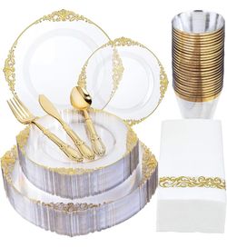 New 145 Pieces Vintage Gold Trim Disposable Party Tableware Set, Good for 20 Guests