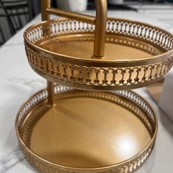 Gold Cupcake Stand Two Tiered Tray, Elegant Ring Tiered Serving Tray Metal Dessert Table Display Tiered Cupcake Holder Candy Fruit Display Plates for 