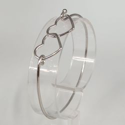 925 Sterling Silver Double Heart Bangle Bracelet