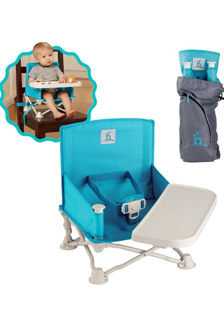 Baby booster seat with tray, folding portable seat for dining table, travel, beach, camping, etc.