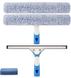 Professional Window Cleaning Kit 14IN, Windows Cleaner Tool with Silicone Squeegee, Microfiber Scrubber & Cloth, Window Washing Equipment or Home Show