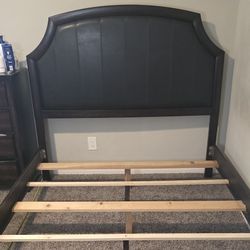  Wood Queen Bed Frame with Faux Leather Headboard – $75