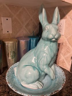 NEW-Baby Blue Bunny Rabbit And Bowl House Decor 