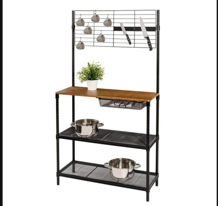 65" Baker's Rack with Cutting Board and Hanging Storage - Black

