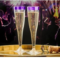 50pc 6oz Purple Rimmed Plastic Champagne Flutes - Disposable Champagne Glasses -