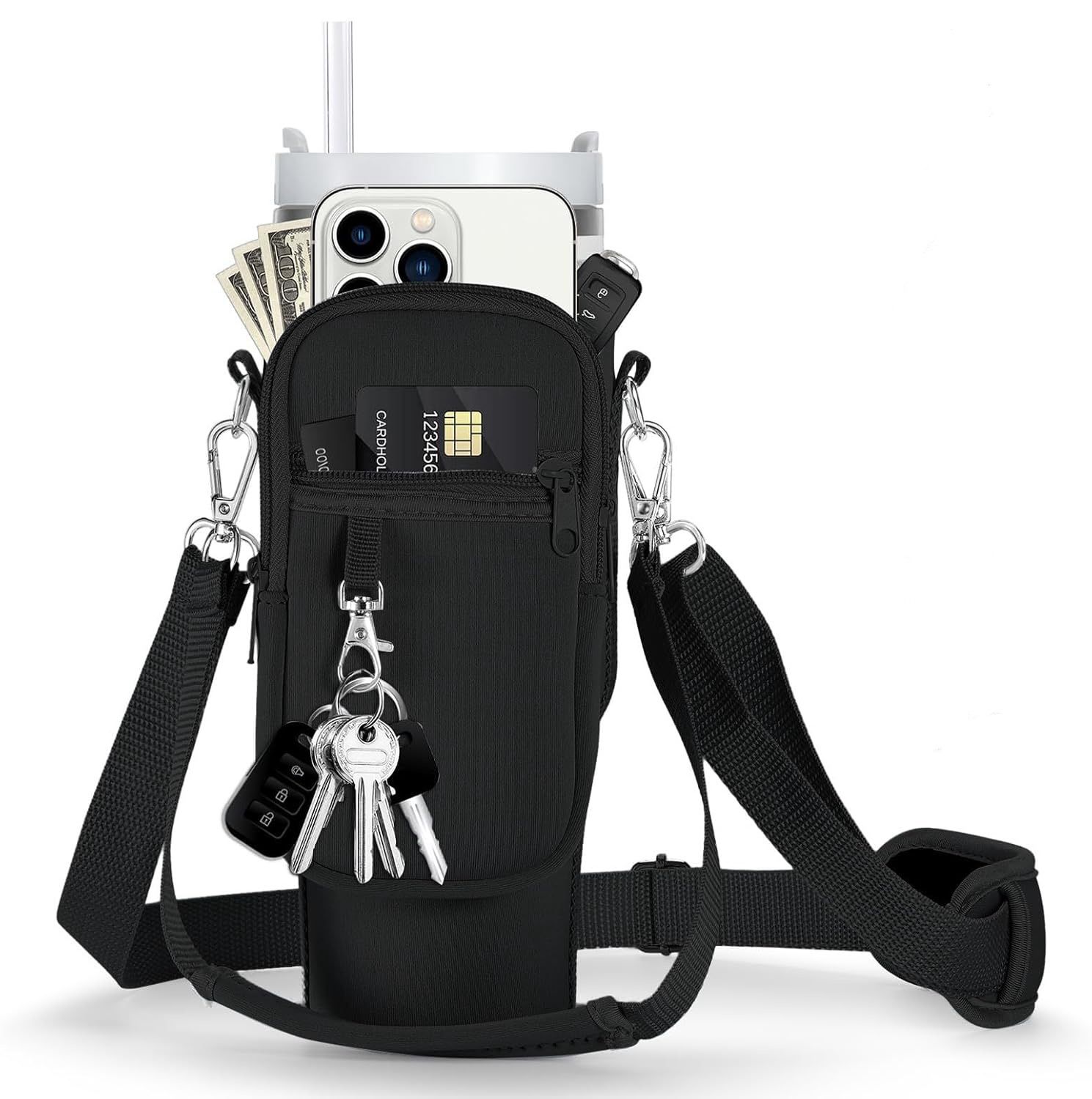Black Water Bottle Carrier Bag with Phone Pocket for Stanley Cup 40/30oz