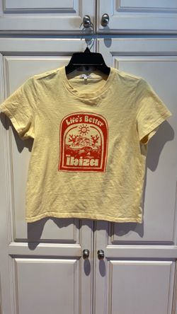 Reformation Graphic Print Crew Neck T-Shirt featuring a red "Life's Better on Ibiza"