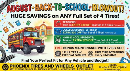 "✏️ AUGUST BACK-TO-SCHOOL BLOWOUT! Save Big on ANY Set of Tires! 🚌💨 The school year is right around the corner, and safe commutes start with reliabl