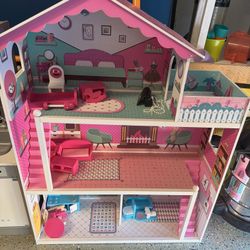 Large Wooden Dollhouse  With Furniture Accessories 
