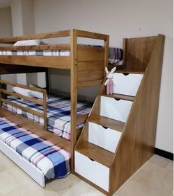 Triple Bunk Bed with Storage Stairs and Trundle