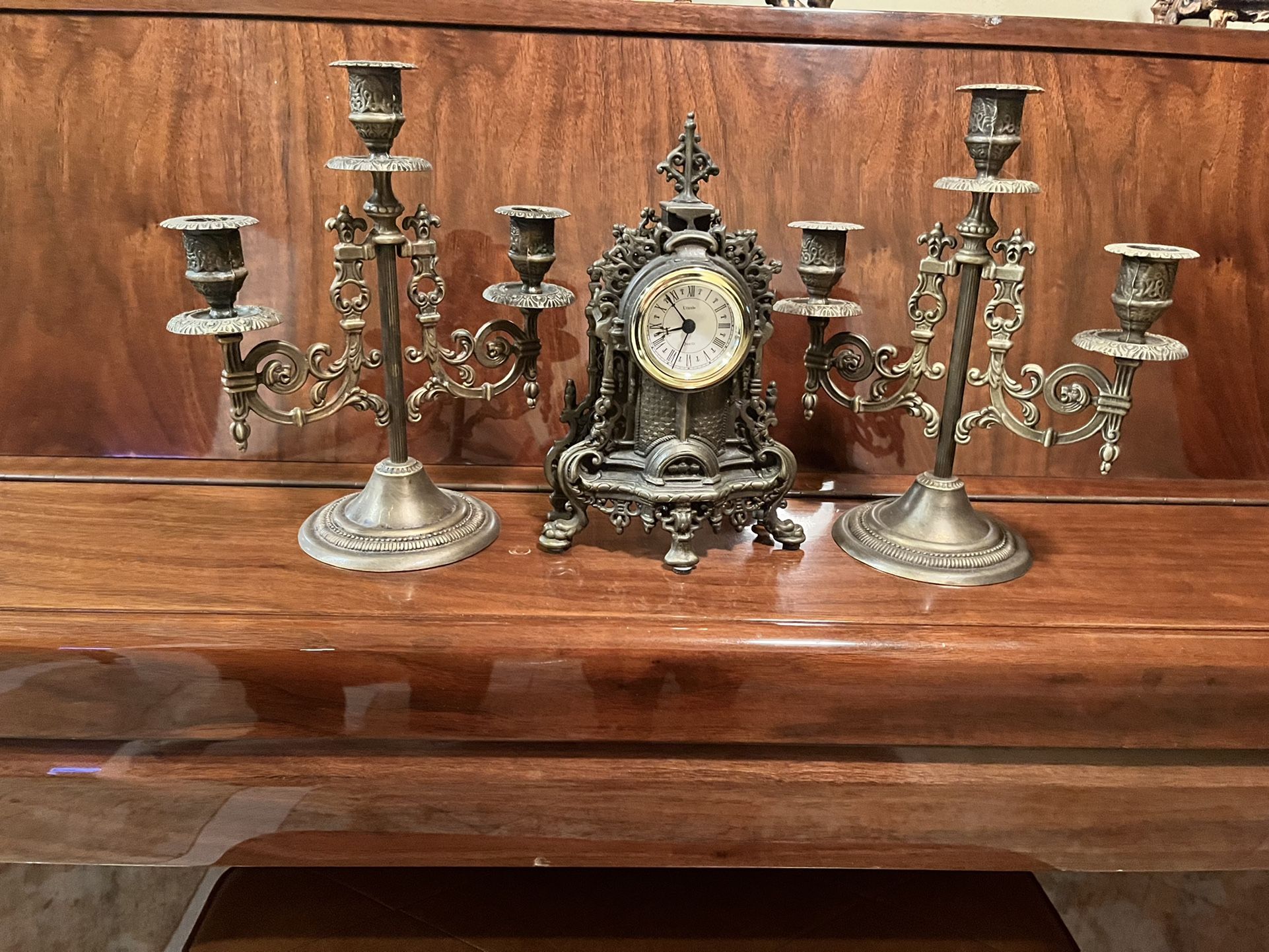 Antique Solid Bronze Clock With 2 Candle Holders