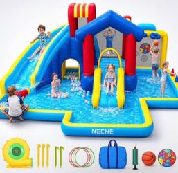 Neche Inflatable Water Slide with 550W Blower, Bounce House with Dual Slides, Splash Pool, Backyard Water Park for Kids Ages 3-8