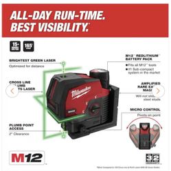 M12 12-Volt Lithium-lon Cordless Green 125 ft. Cross Line and Plumb Points Laser Level with 4.0 Ah Battery and Charger