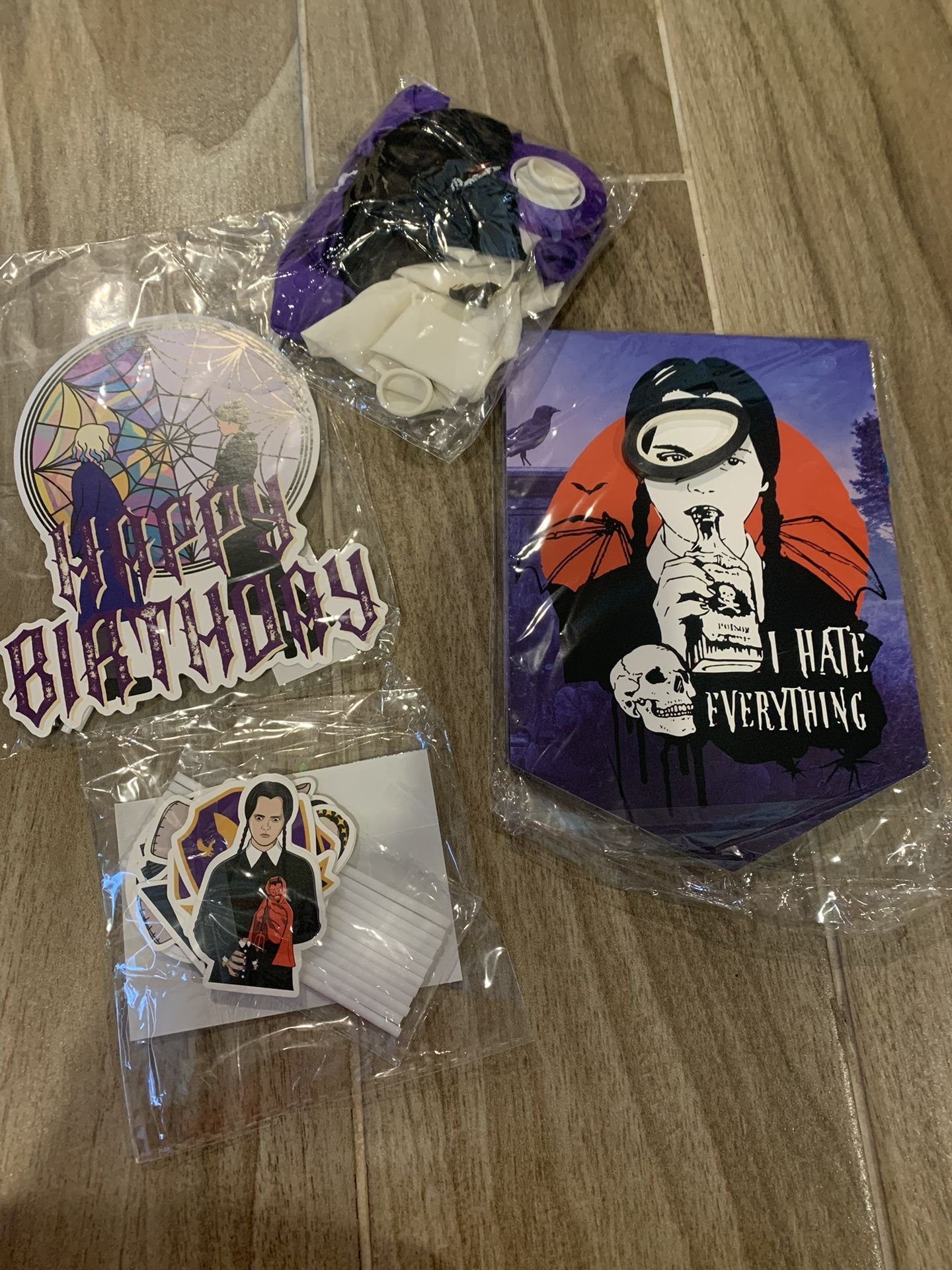 Adams Family Wednesday Birthday Party Supplies Balloons, Banner, Cake Topper, Cup Cake Toppers