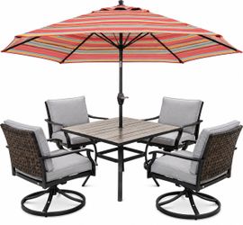 Assembled New 6 PCs Outdoor Dining Table w/ Umbrella 4 Swivel Chairs
