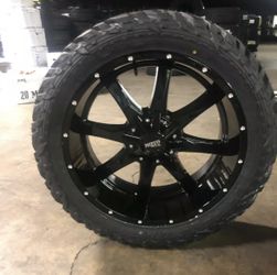 22x10 Moto Metal Black MO970 Wheels 33" Fuel MT Tires 8x6.5 Chevy Silverado 3500