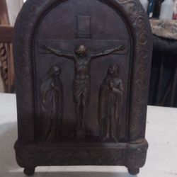 1924 Johann Gunter 14.5" Germany Wax Figural Jesus Crucifixion Hand Carved Wall Plaque