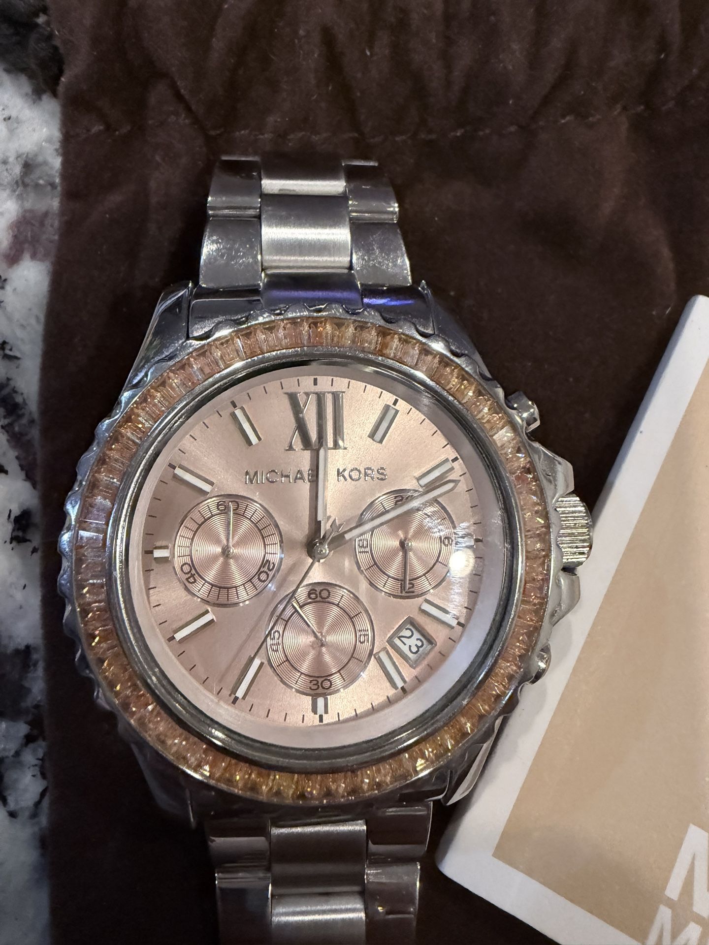 Michael Kors MK5870 Watch Rose Gold Dial Silver Stainless Steel Chronograph Women