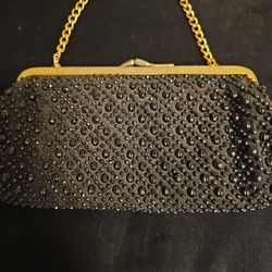 Vintage Hand Bag Black Beaded Gold Chain