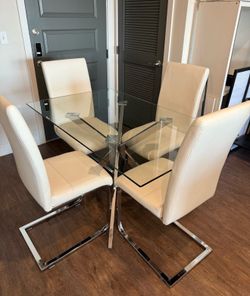 Glass Dining Table with Chrome Base + 4 White Faux Leather Chairs