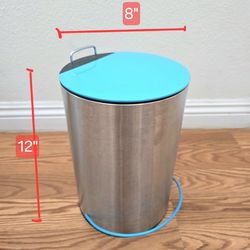 Stainless Steel Step-On Trash Can with Blue Lid