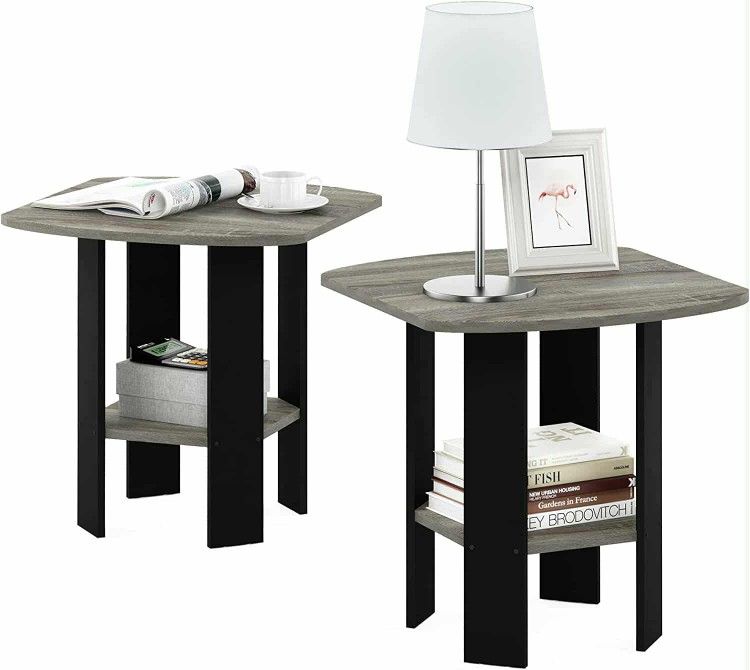 Set Of 2, French Oak Simple Design 2-Teir End Tables, Grey/Black, New