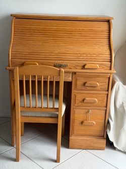 Oak Roll Top Desk with Chair