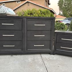 Gray Modern High End Solid Wood Dresser Chest of Drawers and Nightstand Furniture Set Great Condition 