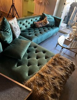 Two pieces - green velvet custom with gold feet Chaise and loveseat