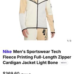 Nike Men's Sportswear Tech Fleece Printing Full-Length Zipper Cardigan Jacket Light Bone