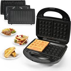 3 in 1 Sandwich Maker, Portable Waffle Iron Maker, Electric Panini Press with Removable Non-Stick Plates LED Indicator Lights, Cool Touch Handle for B