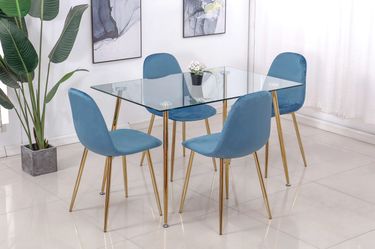 Modern Glass Gold Dining Table and 4 Blue Chairs