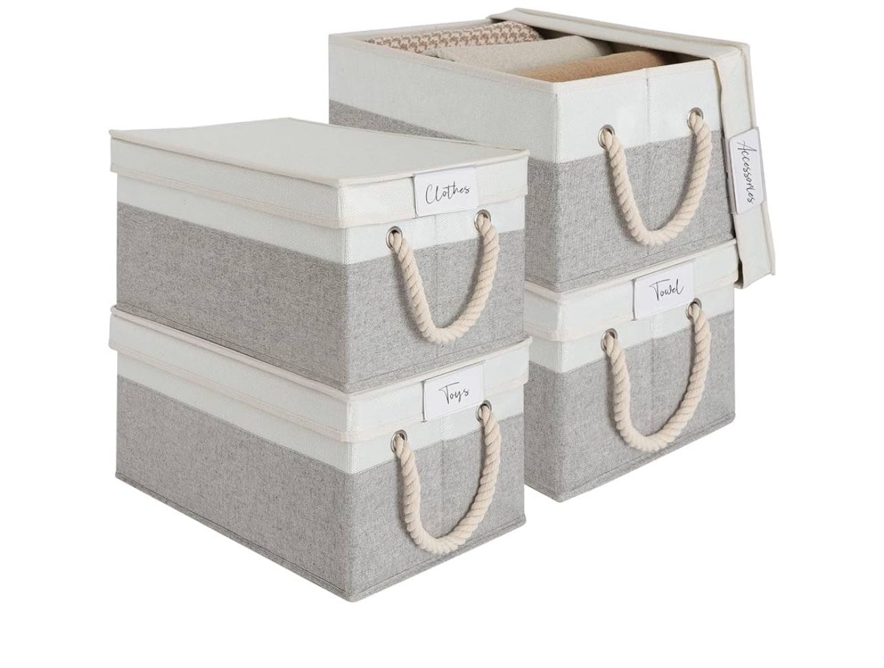 LoforHoney Home Fabric Storage Bins with Lids for Organizing, Foldable Closet Storage Boxes for Shelves, Clothes Baskets with Cotton Rope Handles, Lar